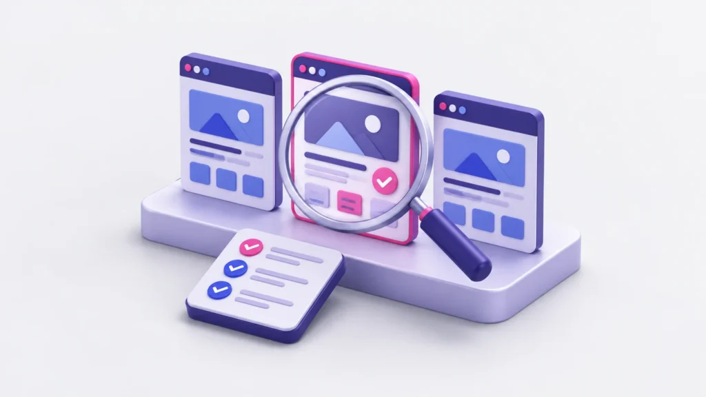 Illustrazione 3D di tre progetti web confrontati con una lente e una checklist per scegliere una web agency.