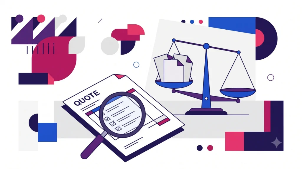 Preventivo sito web esaminato con lente di ingrandimento, checklist e bilancia che confronta tre offerte — illustrazione flat design