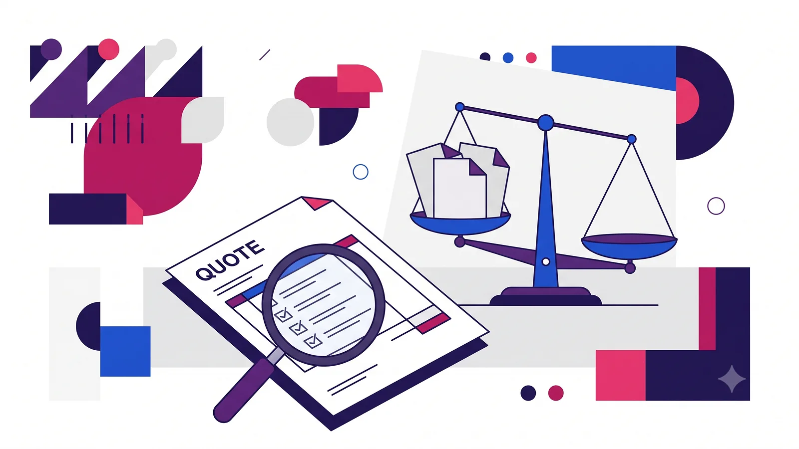 Preventivo sito web esaminato con lente di ingrandimento, checklist e bilancia che confronta tre offerte — illustrazione flat design