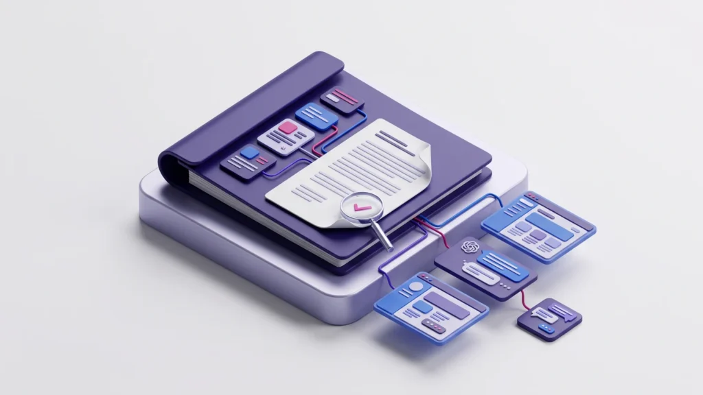 Illustrazione 3D di un dossier con schede di dati, lente di verifica e pagine collegate.