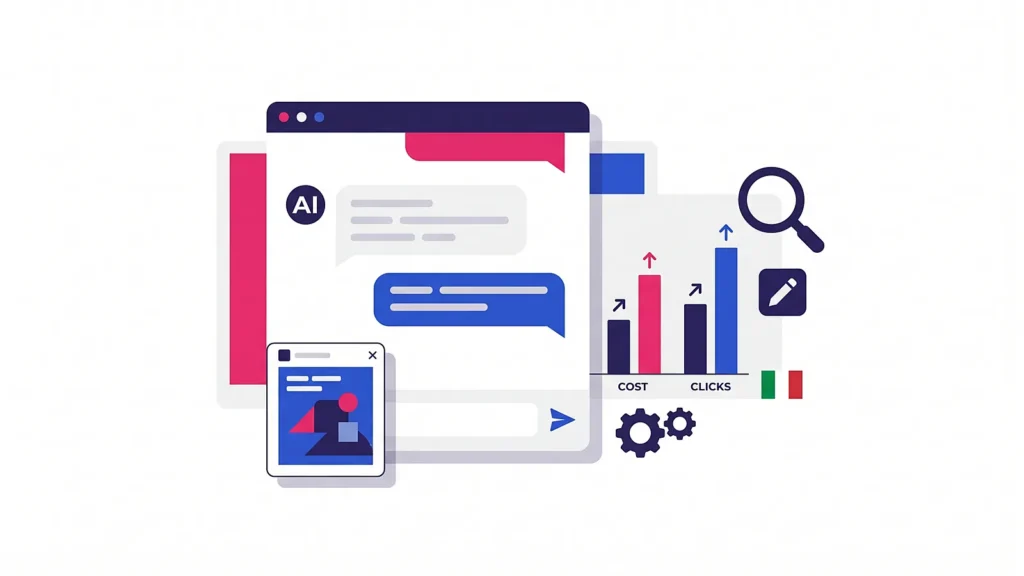 ChatGPT Ads Italia: annuncio sponsorizzato dentro una chat AI, costi e clic, illustrazione Tready