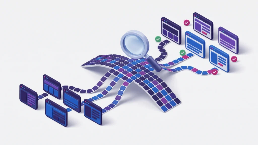 Illustrazione 3D di due gruppi di pagine web collegati da un ponte, con lente di verifica e spunte.