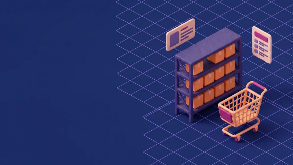 Scaffalatura e carrello stilizzati, illustrazione dell’e-commerce B2B per l’industria