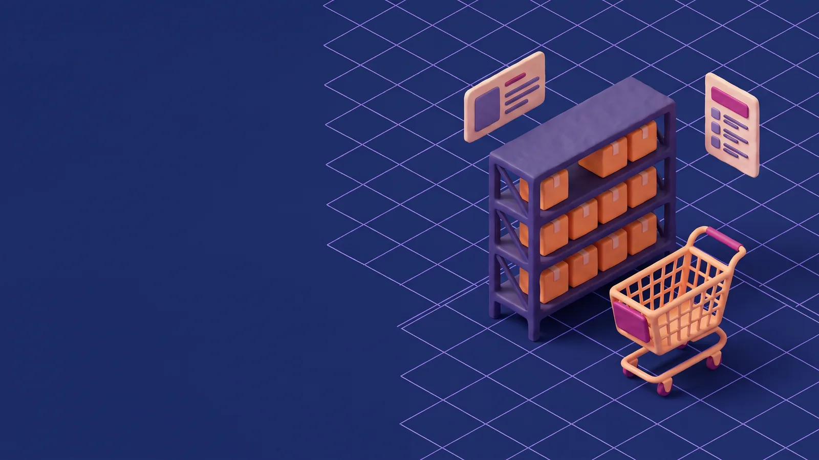 Scaffalatura e carrello stilizzati, illustrazione dell’e-commerce B2B per l’industria
