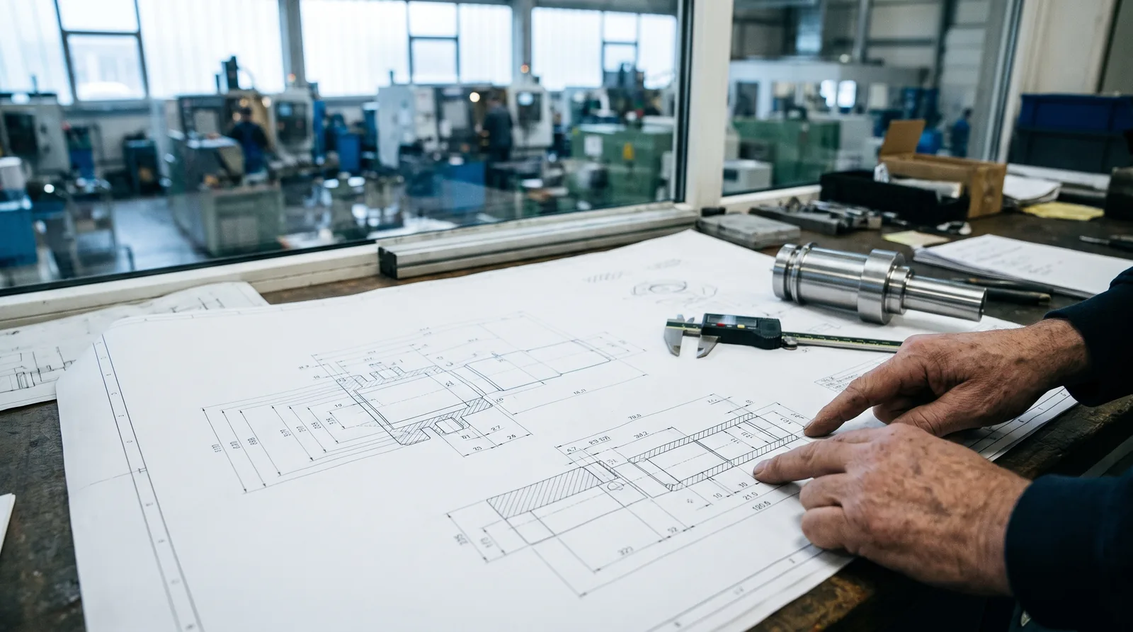 Riunione in ufficio tecnico con disegno quotato e calibro