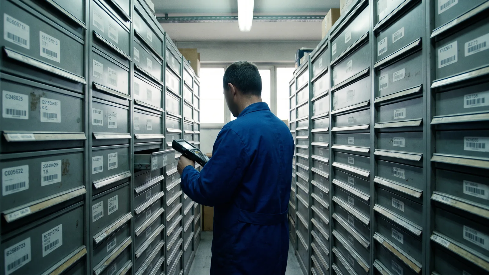 Magazzino ricambi con cassettiere etichettate per codice