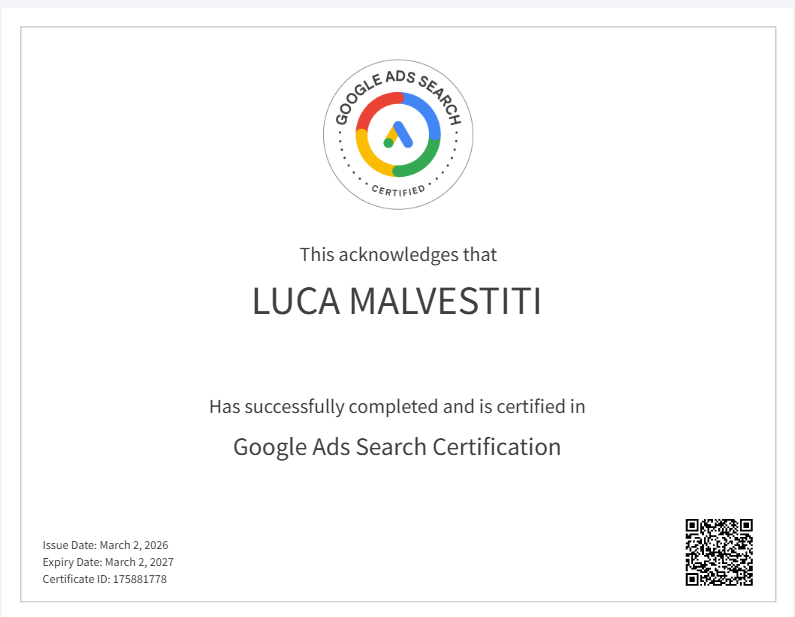 Attestato originale Google Ads Search Certification intestato a Luca Malvestiti
