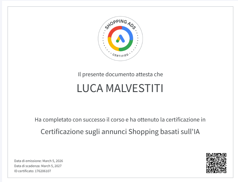 Attestato originale Certificazione sugli annunci Shopping basati sull’IA intestato a Luca Malvestiti