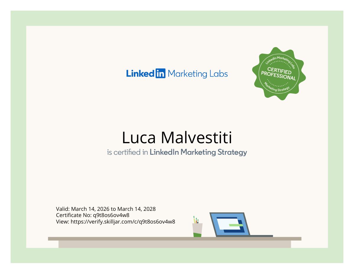 Attestato originale LinkedIn Marketing Strategy intestato a Luca Malvestiti