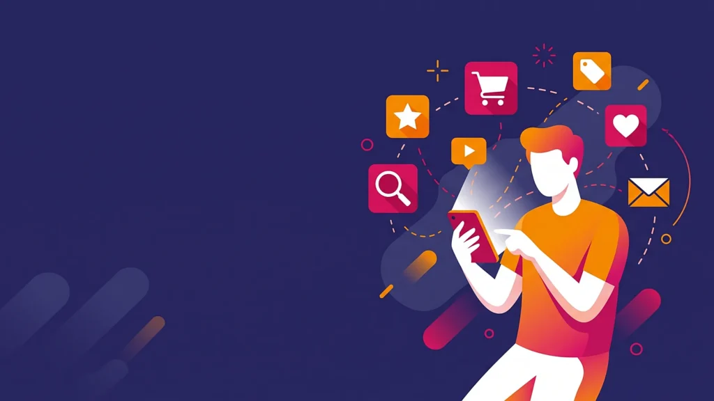 Marketing B2C: persona con smartphone circondata da icone di recensioni, carrello, prezzo, ricerca ed email