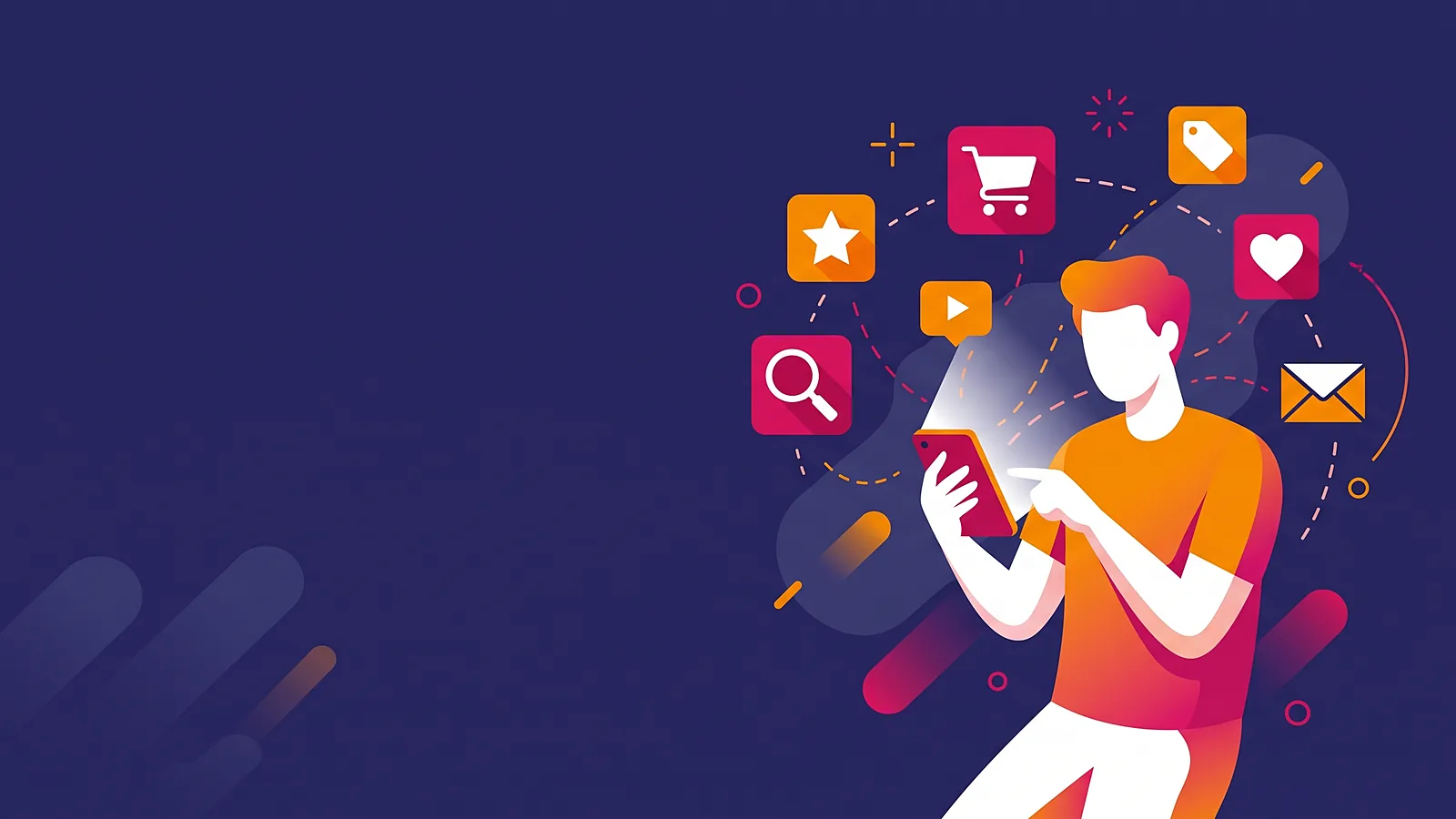 Marketing B2C: persona con smartphone circondata da icone di recensioni, carrello, prezzo, ricerca ed email
